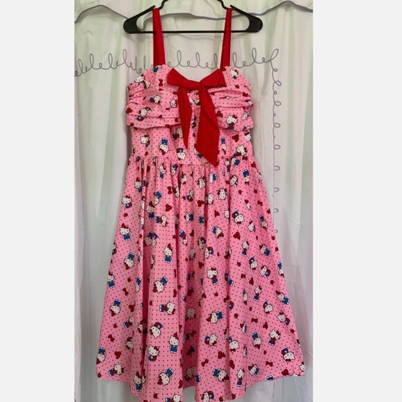 Hello Kitty x Unique Vintage Pink Polka Dot Dress 1X Retro Bow Fit & Flare Flaw - Picture 1 of 8